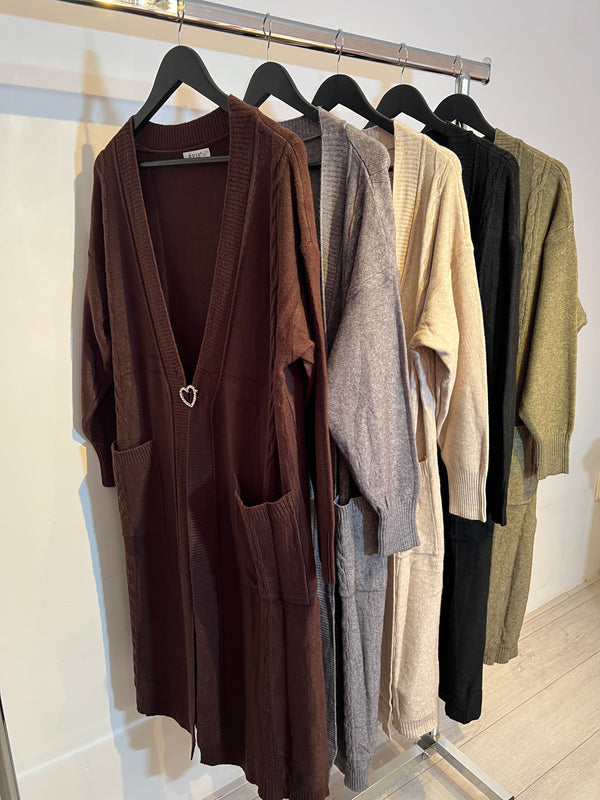 Long Cardigan with Heart Brooch